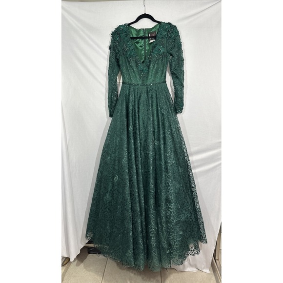 NWT Mac Duggal [ 2 ] 11215 Floral Embellished Long Sleeve ALine Gown Green J2059 - Picture 2 of 16